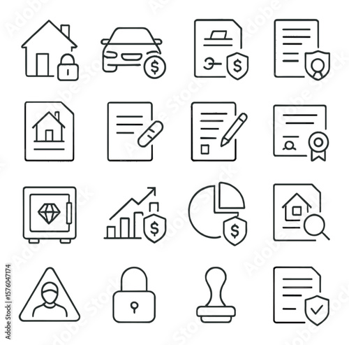 Loan Security & Collateral line art icons. house collateral, vehicle title, gold bar icon, asset icon, property deed, lien document, security agreement, ownership certificate,