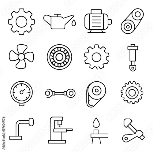 Mechanical Repair line art icons. gear icon, oil can, motor, belt system, fan blade, bearing icon, sprocket, hydraulic piston, tension gauge, drive shaft, pulley wheel, timing belt