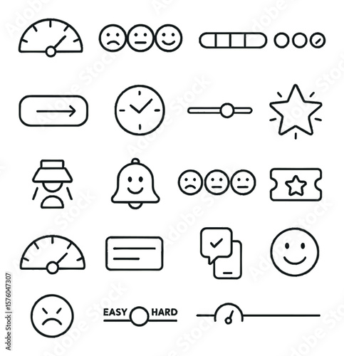Experience Ratings line art icons. experience dial, face scale, progress bar, score line, rate now button, timer review, interaction meter, event star, review spotlight, good