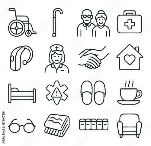 Elderly Care line art icons. wheelchair, walking cane, senior couple, medicine box, hearing aid, nurse icon, hand support, home visit, care bed, medical alert, slippers, hot tea