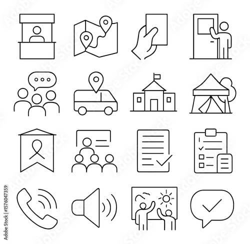 Community Outreach line art icons. info booth, neighborhood map, flyer handout, door knock, group chat, local van, school visit, park tent, awareness banner, town meeting, sign-up