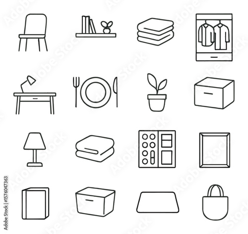 Minimalist Living line art icons. simple chair, clean shelf, folded clothes, capsule wardrobe, clutter-free desk, single plate set, one plant, tidy box, neutral lamp, folded towel,