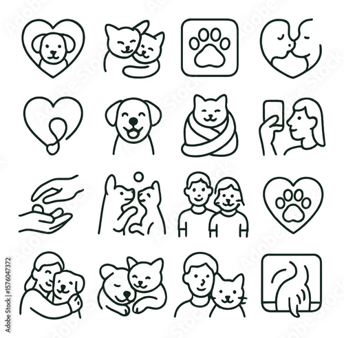 Pet & Love Photography line art icons. puppy heart, cat cuddle, paw print frame, pet kiss, heart leash, smiling pet portrait, cozy blanket photo, animal selfie, treat time moment,