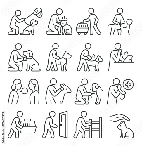 Animal Rescue Actions line art icons. capturing stray dog, calming injured cat, transporting animal, removing hazard, checking ID tag, leash attachment, scanning microchip,