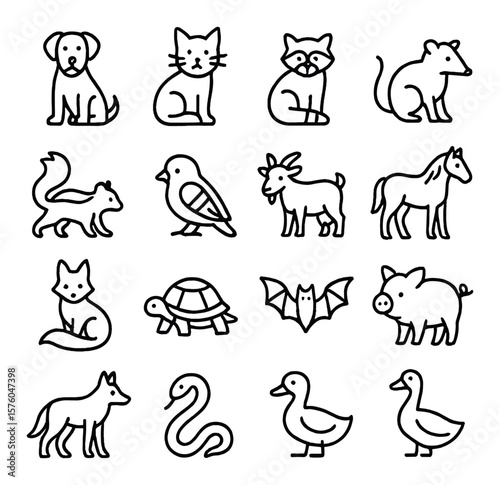 Common Rescue Animals line art icons. stray dog, feral cat, raccoon, opossum, skunk, injured bird, loose goat, stray horse, wild fox, turtle, bat, piglet, coyote, snake, duck,