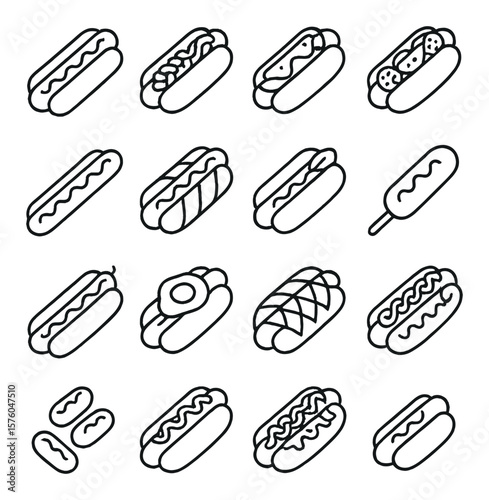 Hot Dog icons. line art icons. classic hot dog, chili dog, cheese dog, Chicago-icons. hot dog, New York dog, footlong hot dog, bacon-wrapped dog, vegan hot dog, corn dog, spicy