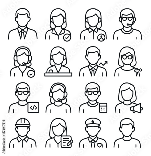 Employee Roles line art icons. manager icon, assistant, HR representative, IT support, project coordinator, receptionist, sales executive, designer, developer, customer service