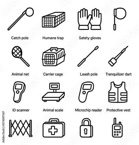 Animal Control Equipment line art icons. catch pole, humane trap, transport crate, safety gloves, animal net, carrier cage, leash pole, tranquilizer dart, ID scanner, animal scale,