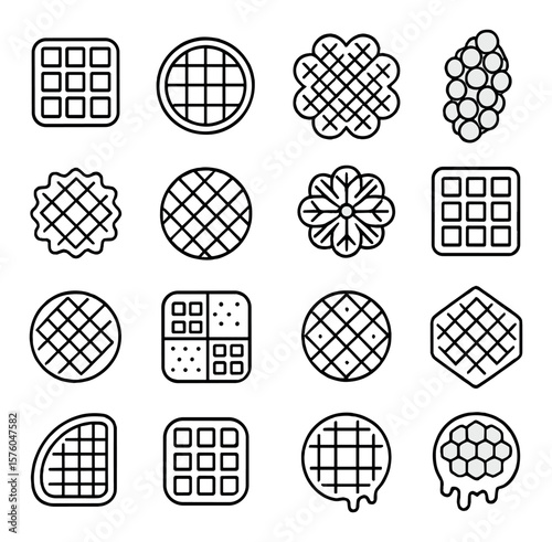 Global Waffle Varieties line art icons. Belgian waffle, American diner waffle, Scandinavian heart waffle, Hong Kong bubble waffle, Liege waffle, Stroopwafel, Italian pizzelle,