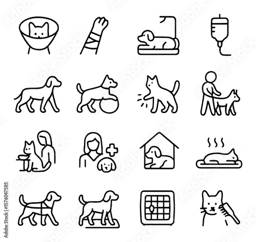 Animal Recovery & Rehab line art icons. cone collar, bandaged paw, recovery bed, IV drip, gentle walk, therapy ball, laser treatment, physical therapy icon, feeding support, vet