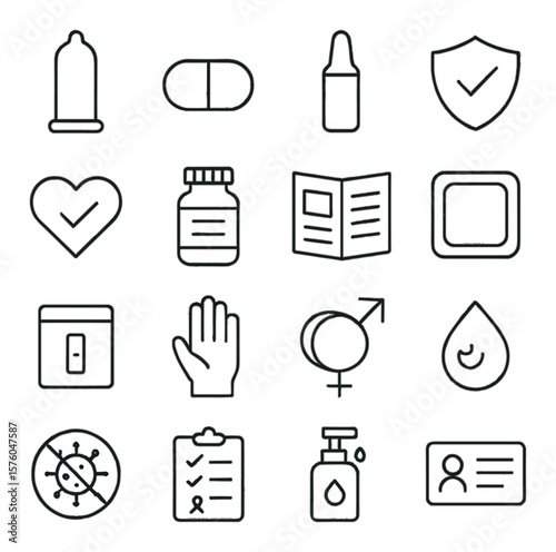 HIV Prevention Tools line art icons. condom, PrEP pill, syringe cap, prevention shield, safe sex symbol, medication bottle, info pamphlet, barrier method icon, test kit box,