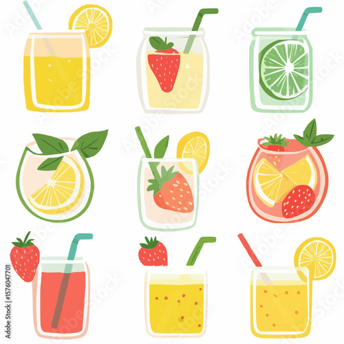 Cute summer drinks clipart with lemons, strawberries and fresh leaves in soft cheerful design, perfect for nursery prints, wall art or seasonal decoration