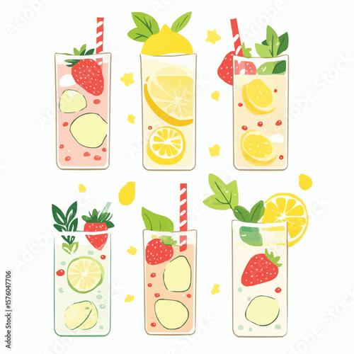Colorful summer drinks set with lemonade, fruits and mint leaves, playful flat cartoon design perfect for packaging, eco labels, party decor or printable cards