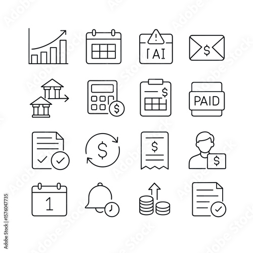 Loan Repayment line art icons. installment chart, calendar icon, due date alert, repayment envelope, bank transfer icon, loan calculator, amortization schedule, paid stamp, EMI