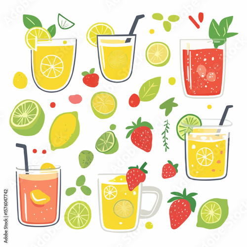 Bright and playful summer drinks clipart with lemonade, fruits and mint leaves, perfect for kids party printables, celebration cards or festive packaging