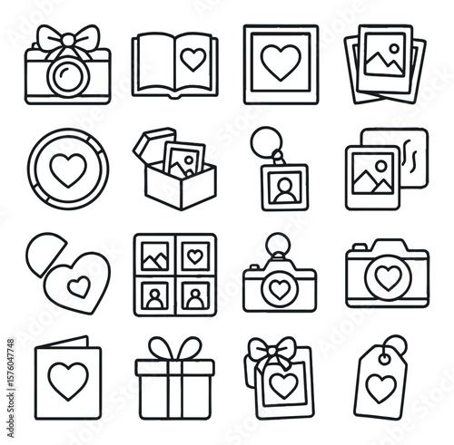 Photography Gifts line art icons. camera with bow, photo book, framed heart print, polaroid set, custom lens cap, memory box, keychain photo, magnet photo, heart-shaped USB,