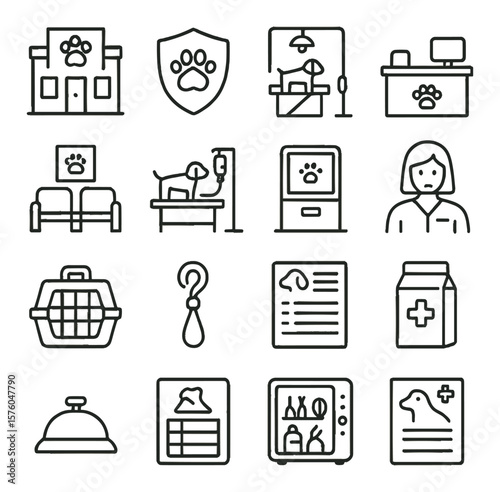 Dog Clinic Icons line art icons. clinic building, vet logo, exam room, reception desk, waiting area, treatment zone, check-in kiosk, vet assistant, dog crate, leash hook, info