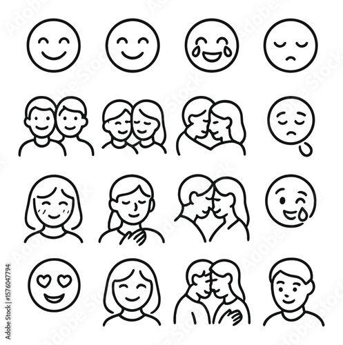 Emotional Expressions line art icons. smile, blush, tears of joy, gentle eyes, laugh lines, shared gaze, soft hug, sigh icon, shy glance, hand over heart, forehead touch, joyful