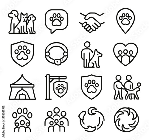 Dog Community Logos line art icons. group of dogs, paw in chat bubble, dog handshake, meetup icon, three paws badge, connected collar circle, dog and people, community heart,