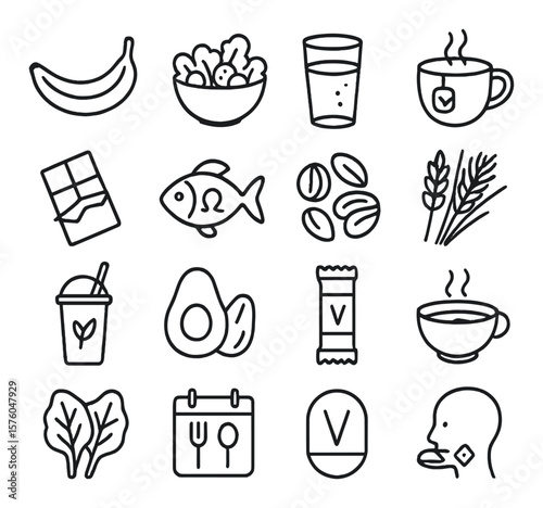 Nutrition & Stress line art icons. banana, salad bowl, hydration glass, herbal tea, dark chocolate, omega-3 fish, nut mix, whole grains, smoothie glass, avocado, energy bar, warm