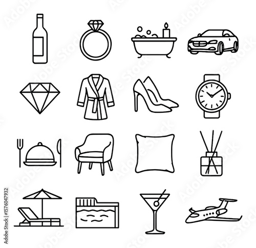 Luxury Living line art icons. wine bottle, gold ring, candlelit bath, luxury car, diamond icon, spa robe, elegant heels, watch face, fine dining, designer chair, silk pillow,