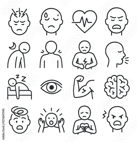 Stress Symptoms line art icons. headache icon, sweating face, rapid heartbeat, clenched jaw, fatigue symbol, tense shoulders, stomach pain, shallow breathing, restless sleep, eye