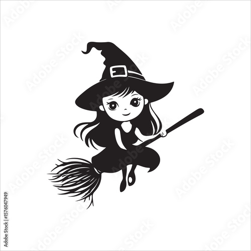Cute Kawaii Witch Flying On Broomstick silhouette, Cute Kawaii Witch Flying On Broomstick vector illustration, High-Quality Witch Character Illustration, witch on a broom Vector