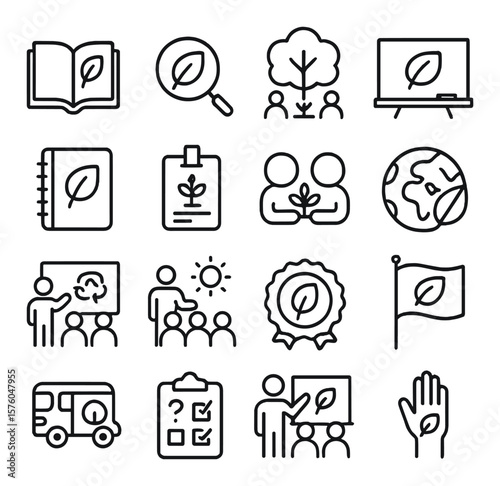 Eco Education line art icons. eco book, leaf with magnifying glass, class tree, green board, nature journal, plant ID card, kids with seedling, environmental globe, recycling