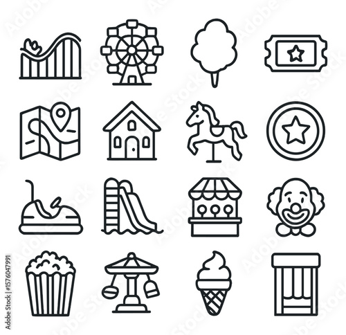 Theme Park Fun line art icons. roller coaster, ferris wheel, cotton candy, ride ticket, amusement map, funhouse icon, carousel horse, arcade token, bumper car, water slide, game