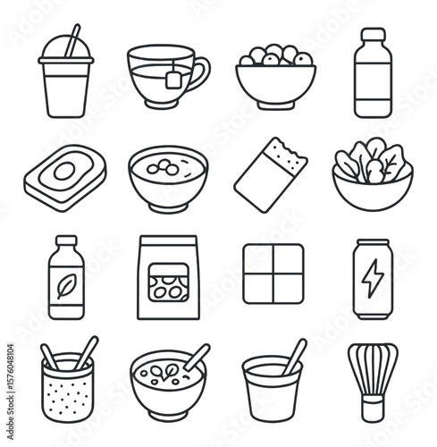 Self-Care Food & Drink line art icons. smoothie cup, herbal tea, fruit bowl, water bottle, avocado toast, oatmeal bowl, protein bar, green salad, detox juice, nuts pack, dark