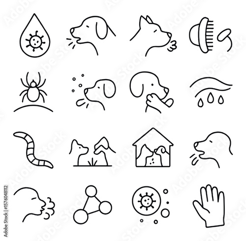 Disease Transmission line art icons. infected droplet, coughing dog, shared bowl, grooming tool, tick bite, airborne icon, paw to mouth, saliva line, parasite, dog park exposure,