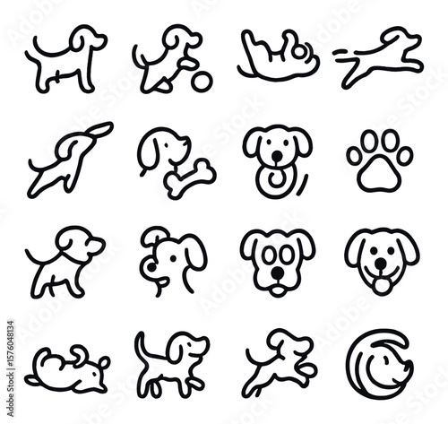 Playful Dog Logos line art icons. wagging tail, bouncing ball and dog, rolling over icon, zoomies silhouette, frisbee catch, toy bone and bark, spinning tail swirl, playful paw