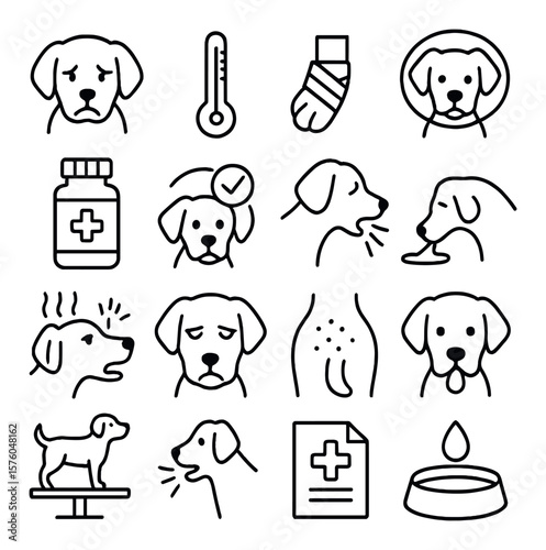Dog Health Awareness line art icons. sick dog, thermometer, paw bandage, dog in cone, pill bottle, vet check, dog cough, vomiting icon, fever symbol, tired eyes, rash icon, runny