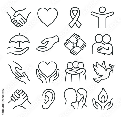Support & Solidarity line art icons. holding hands, heart symbol, support ribbon, open arms, shared umbrella, care gesture, unity circle, hand on shoulder, helping hand, love heart