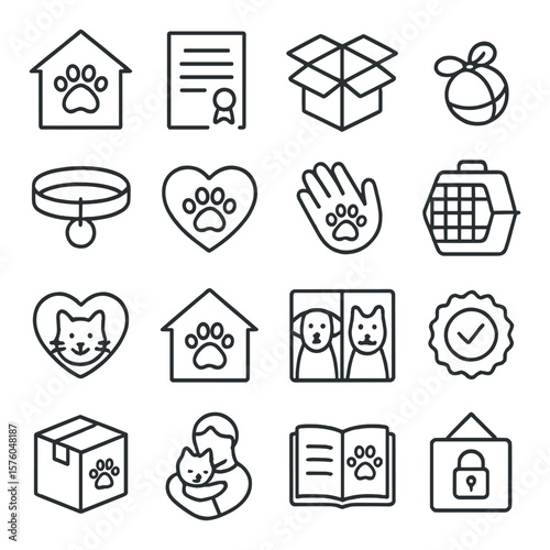 Pet Adoption & Rescue line art icons. shelter icon, adoption certificate, welcome home box, first toy, collar with tag, rescue heart, paw + hand icon, open crate, love at first