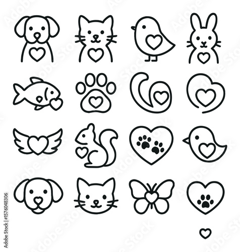 Animal Hearts line art icons. dog with heart, cat with heart, bird with heart, rabbit with heart, fish and heart, paw print heart, heart in tail, heart on fur, wings with heart,