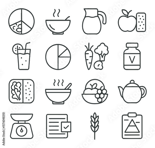 Nutrition & Nourishment line art icons. balanced plate, soup bowl, water pitcher, healthy snack, smoothie glass, portion guide, fresh veggies, vitamin bottle, meal prep box, warm
