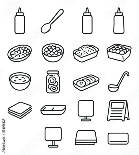 Hot Dog Toppings Station line art icons. condiment bottle, topping spoon, squeeze mustard, squeeze ketchup, relish dish, chopped onion bowl, grated cheese, diced tomato, chili bowl