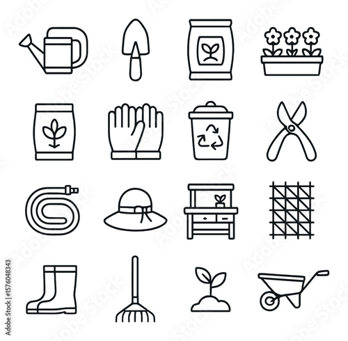 Garden Essentials line art icons. watering can, garden trowel, soil bag, flowerbed, seed packet, planting gloves, compost bin, pruning shears, garden hose, sun hat, potting table,