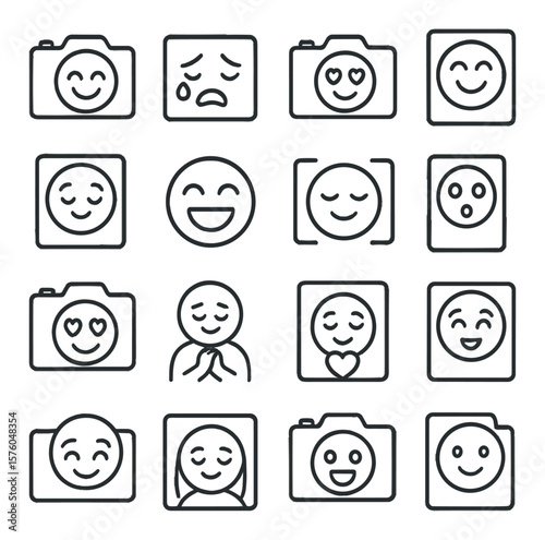 Camera & Emotions line art icons. smiling lens, crying photo, heart-eyed camera, joyful snapshot, blushing face in frame, laughter moment, emotional portrait, surprised expression,