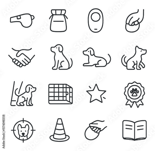 Dog Training line art icons. whistle, treat pouch, clicker, leash hand, paw shake, sit command, stay symbol, come icon, heel position, crate training, reward star, obedience badge,
