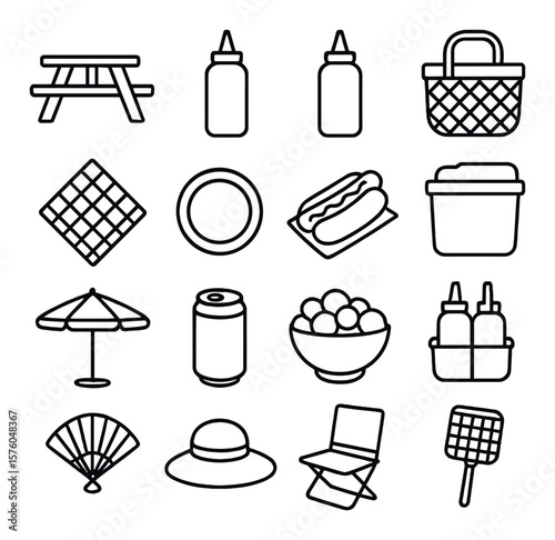 Hot Dog Picnic line art icons. picnic table, ketchup bottle, mustard bottle, woven basket, red checkered cloth, disposable plate, hot dog on napkin, drink cooler, picnic umbrella,