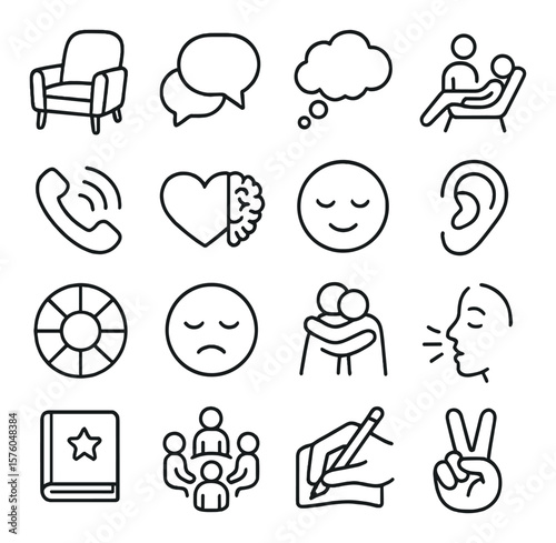 Mental Health & Support line art icons. counseling chair, talking bubble, thought cloud, therapy session, support hotline icon, heart + brain, calm face, listening ear, emotion