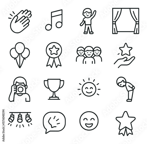 Kids Talent Show line art icons. clapping hands, musical note, child performer, stage curtain, balloon bunch, star badge, crowd of kids, talent icon, parent camera, trophy cup,