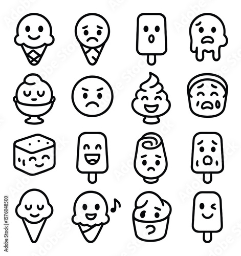 Ice Cream Emotions line art icons. happy scoop, sad cone, surprised bar, melting face, sleepy sundae, angry mochi, laughing swirl, crying cup, blushing sandwich, excited popsicle,
