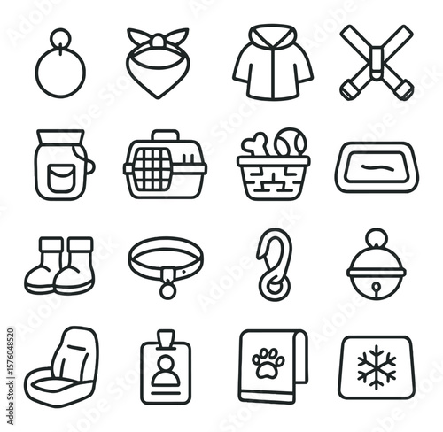 Pet Accessories line art icons. tag charm, bandana, raincoat, harness, treat pouch, travel crate, toy basket, cozy mat, dog boots, cat collar, safety clip, play bell, car seat, ID
