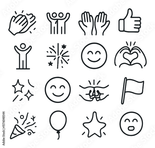 Applause and Reactions line art icons. clapping hands, cheering crowd, raised hands, thumbs up, standing ovation, fireworks burst, smiling face, heart gesture, star spark, happy