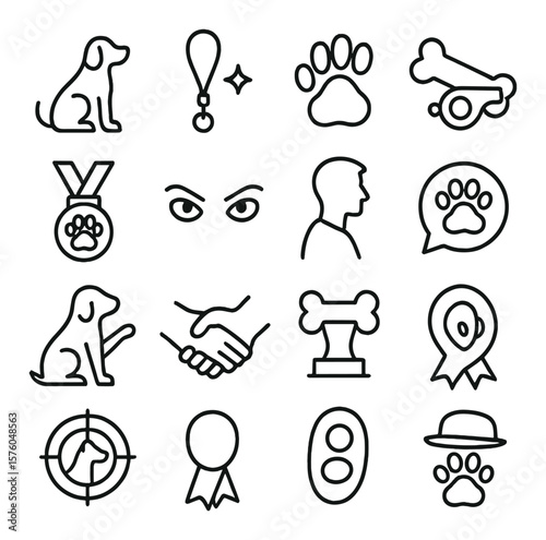 Dog Training Logos line art icons. dog in sit pose, leash with star, raised paw, whistle and bone, medal and paw, focused eyes, trainer silhouette, paw and speech bubble, reward