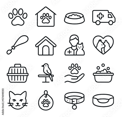 Animal Welfare line art icons. paw print, shelter icon, pet food bowl, rescue truck, leash, dog house, vet icon, adoption heart, pet carrier, bird perch, donation hand, animal bath