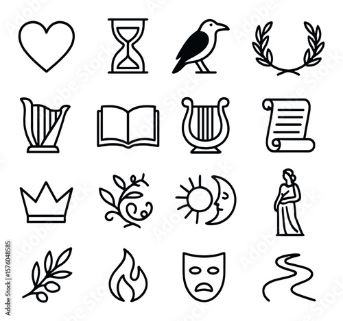 Classic Poetic Symbols line art icons. heart, hourglass, raven, laurel wreath, harp, open book, lyre, scroll, crown, vine, sun and moon, muse figure, olive branch, flame, mask of